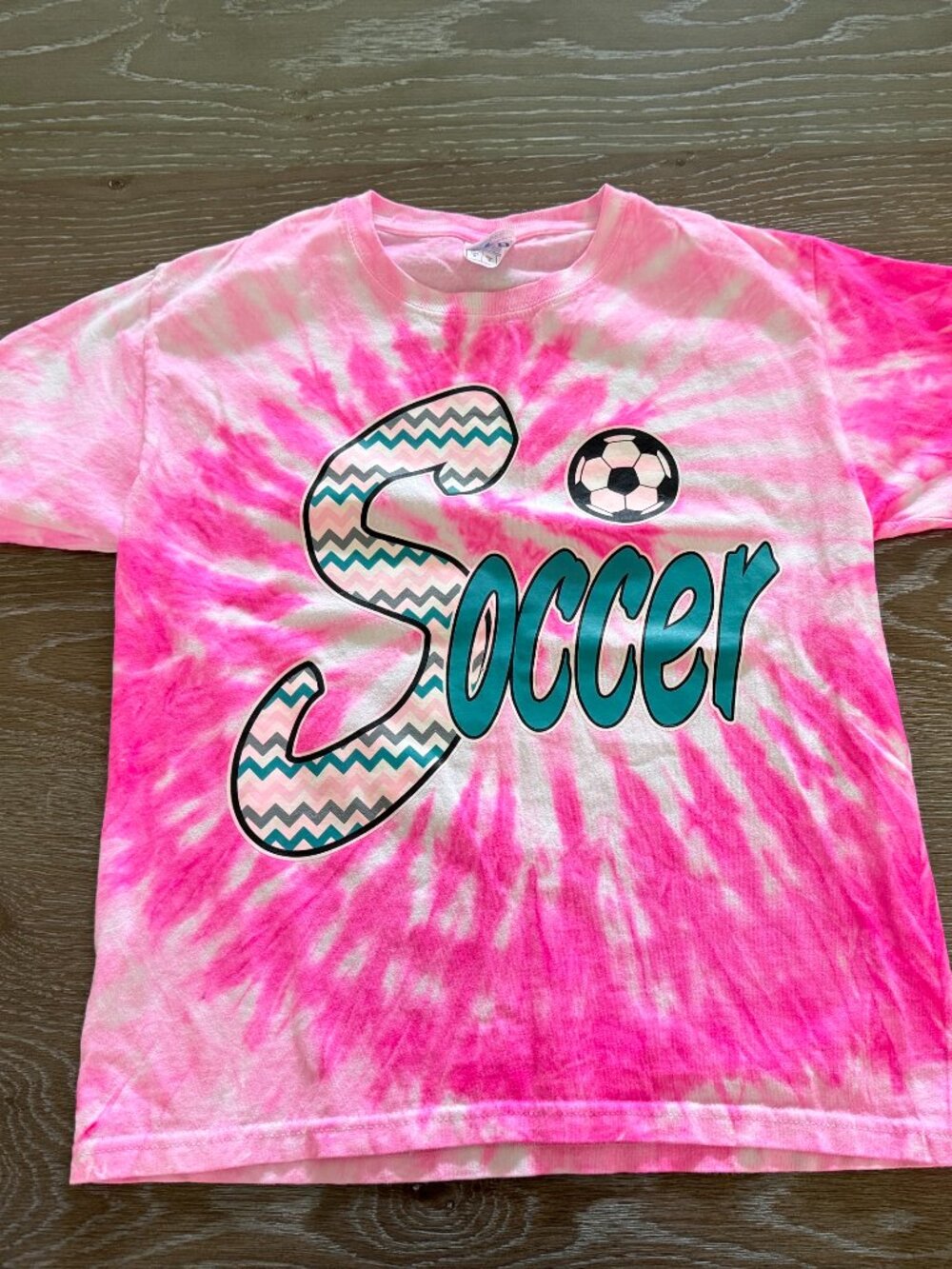 EUC Girls tie dye pink soccer short sleeve t-shirt top size youth medium